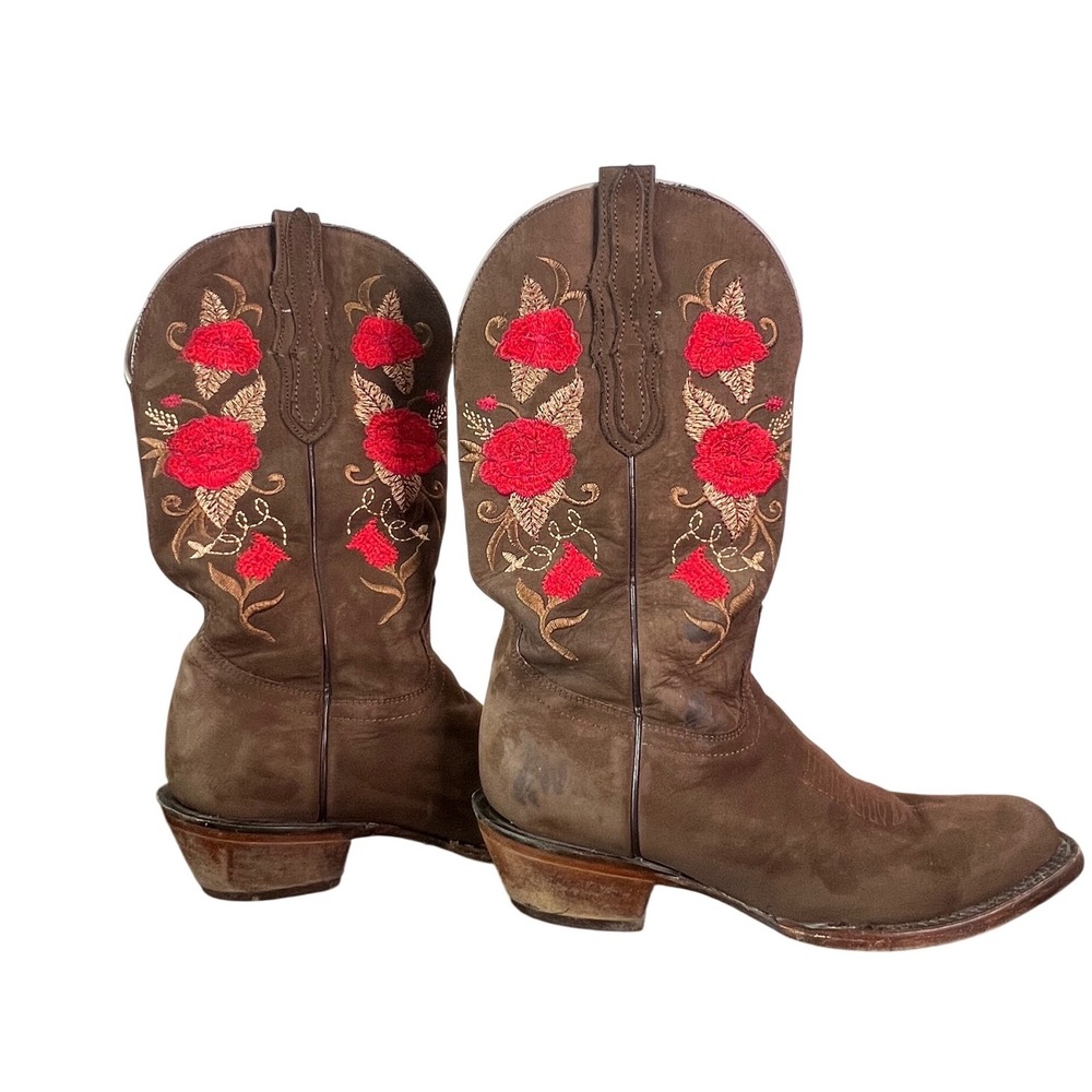 El General Womens 9.5 Brown Suede Floral Embroidered Square Toe Western Boots